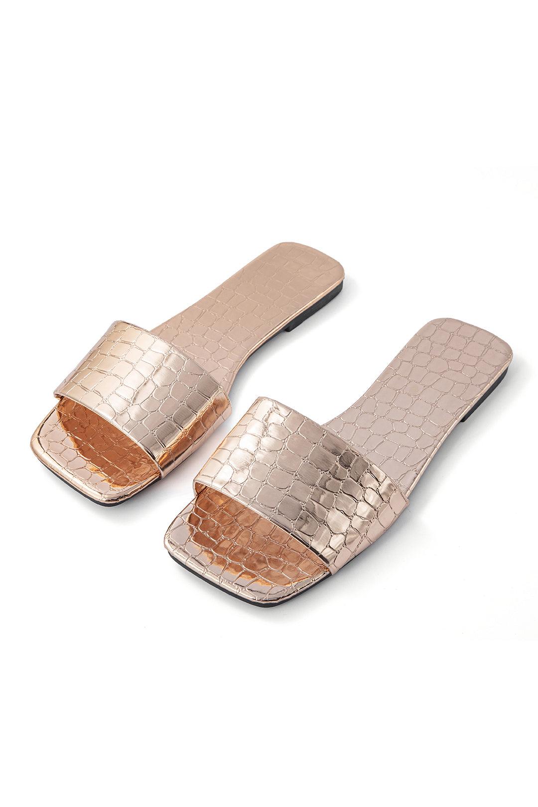 Kandiss Sandals | Sandales plates métallisées avec impression crocodile