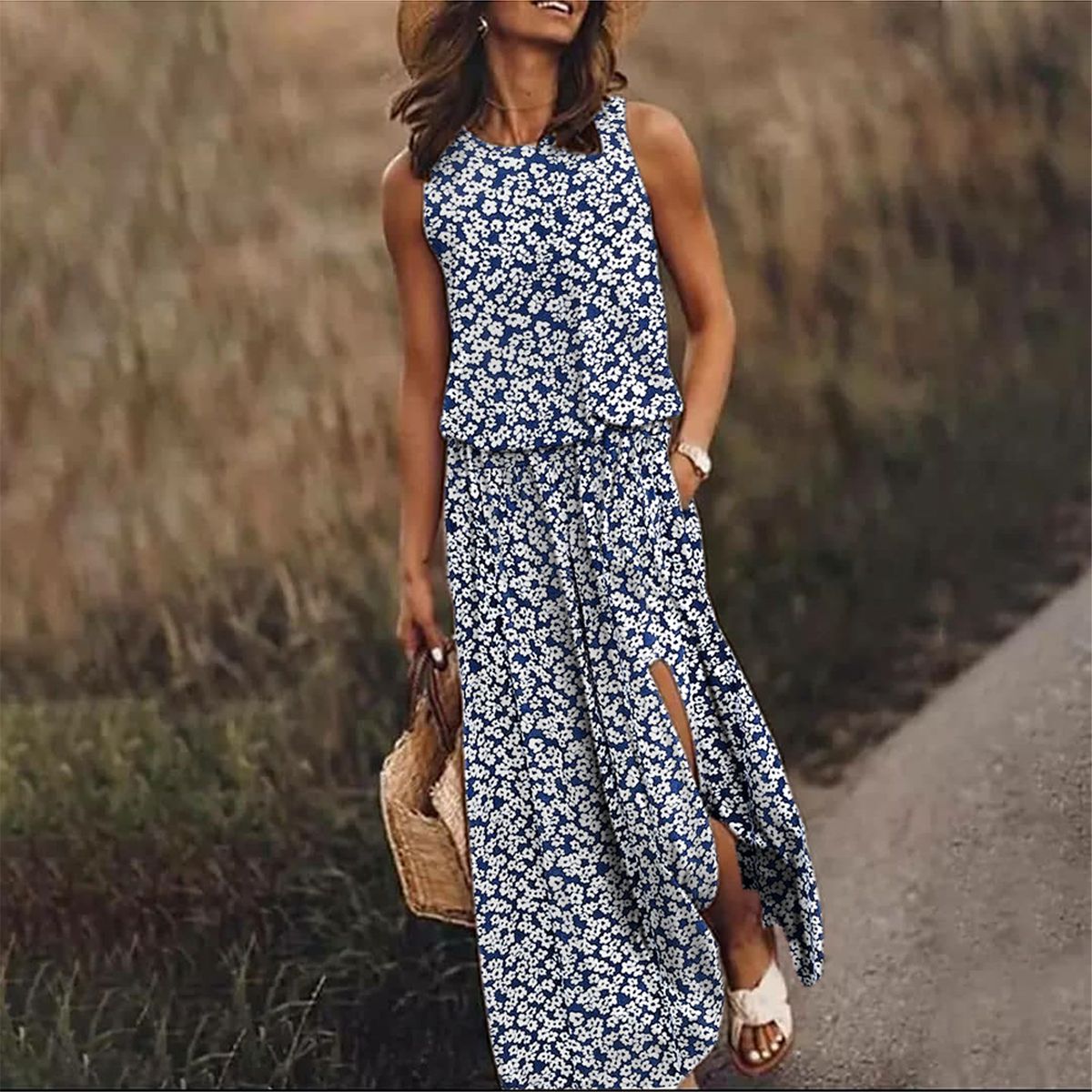 Melle - Robe longue chic à petits motifs floraux avec poches