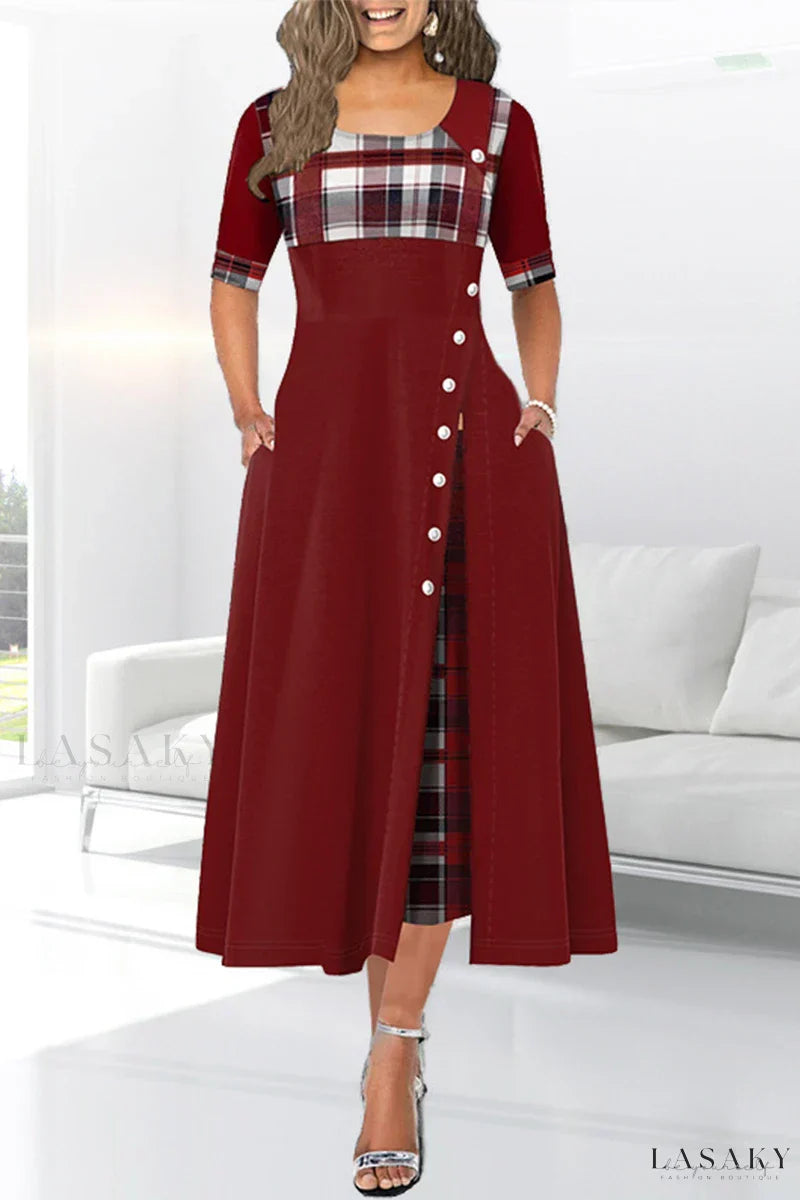 Jivette - Robe patchwork marron avec encolure à la taille
