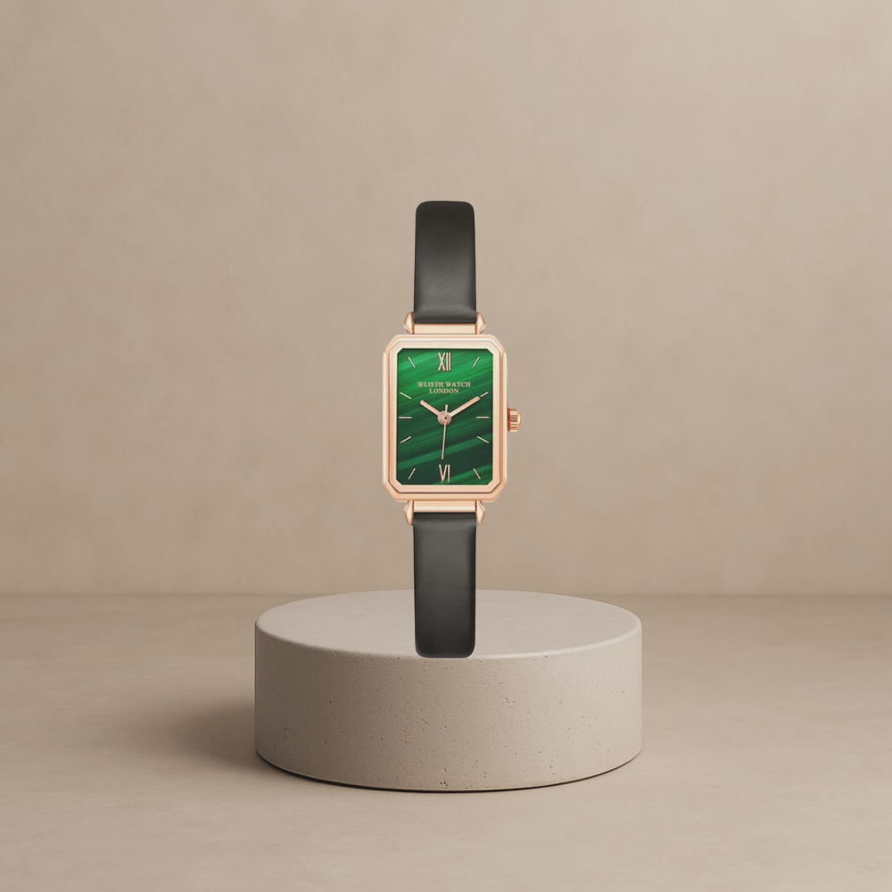 Charlotte Design women's watch with rectangular green-gold leather case