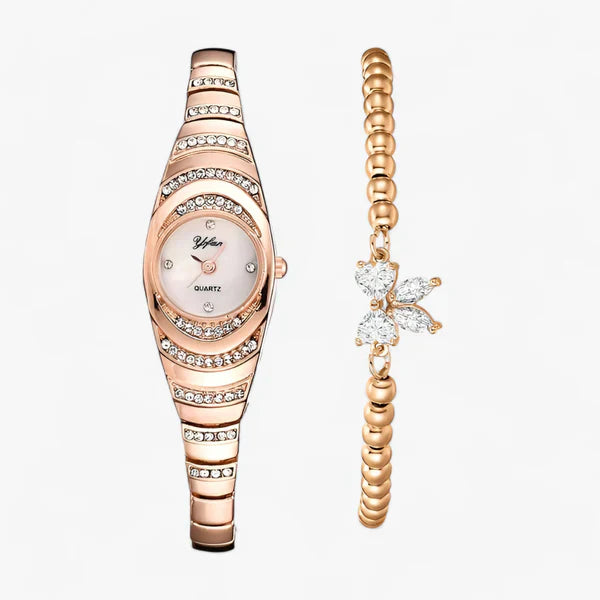 Women's oval quartz watch with crystal and diamond inlays
