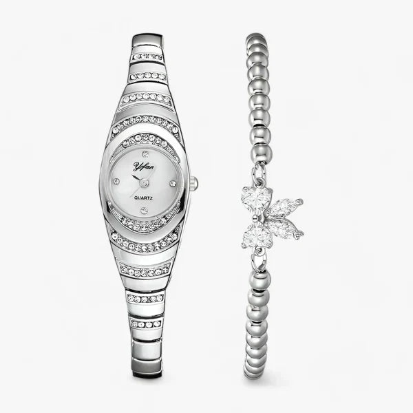Women's oval quartz watch with crystal and diamond inlays