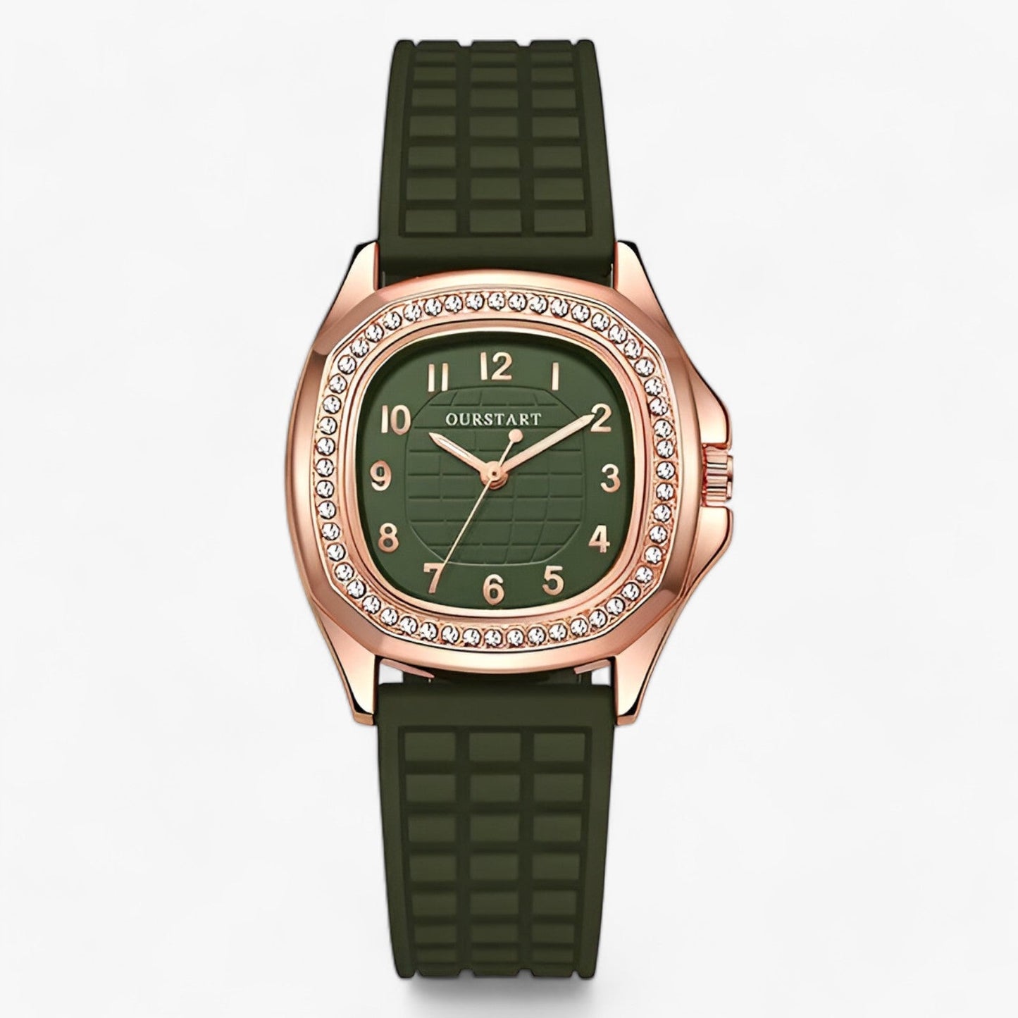 Oval diamond watch, rose gold silicone band